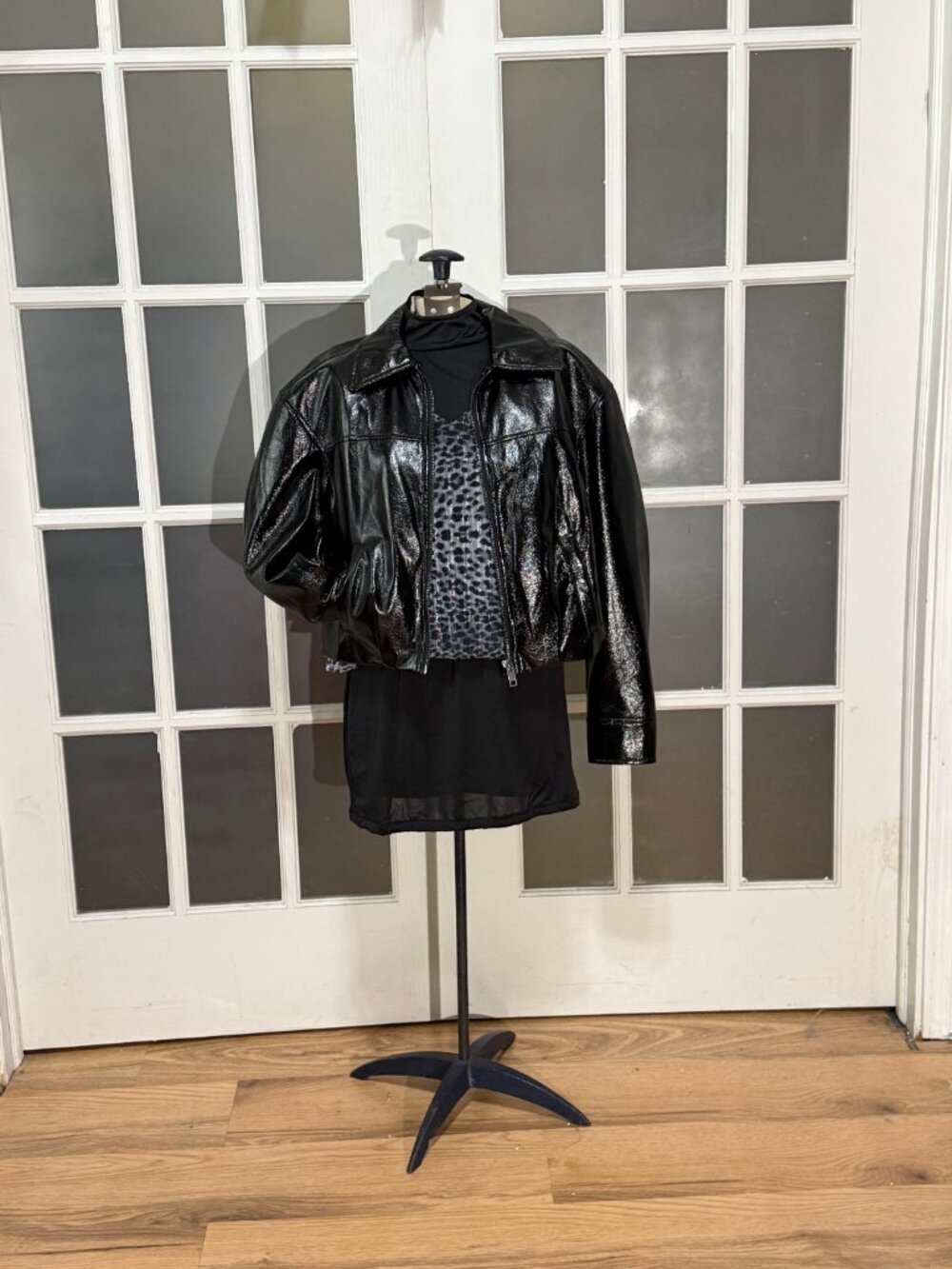 SCOOP Crinkle Faux Patent Leather Cropped Bomber Jacket